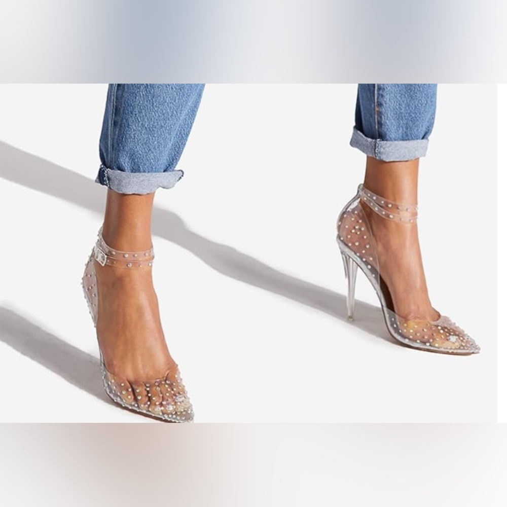 Shoe Dazzle Clear Stiletto Heels with Sparkling Ankle Strap